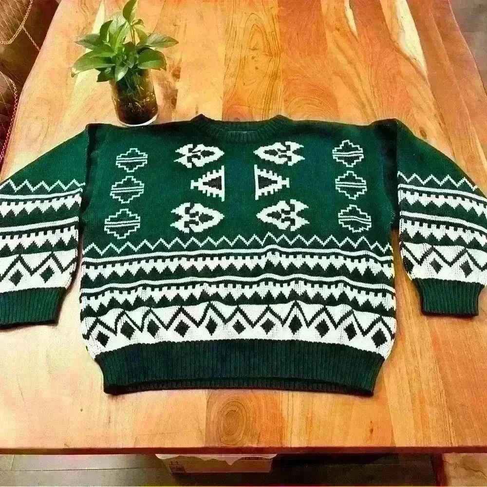 Vintage Bohemian Oversized Multicolored Green Pattern Crew Neck Sweater jumper - Picture 11 of 15
